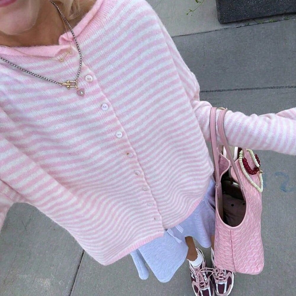 Pink Loose Women's Striped Knit Cardigan - Picture 3 of 7